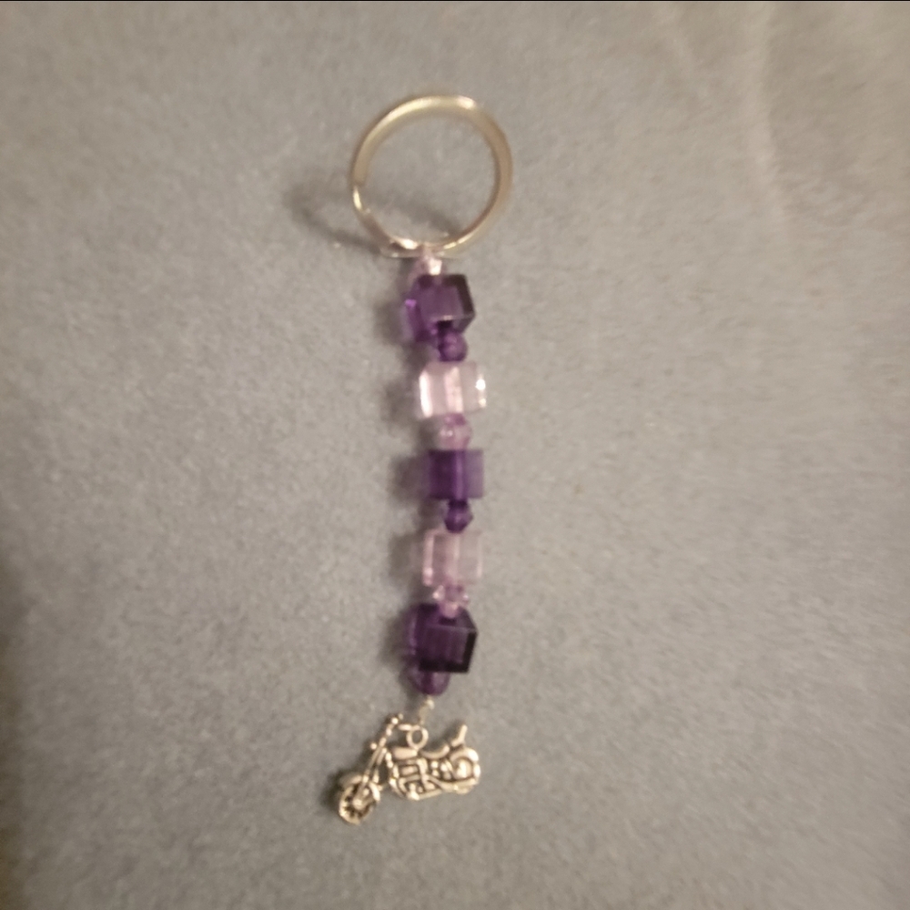 Handcrafted Silver and Purple Beaded KeyChain with Motorcycle Charm
